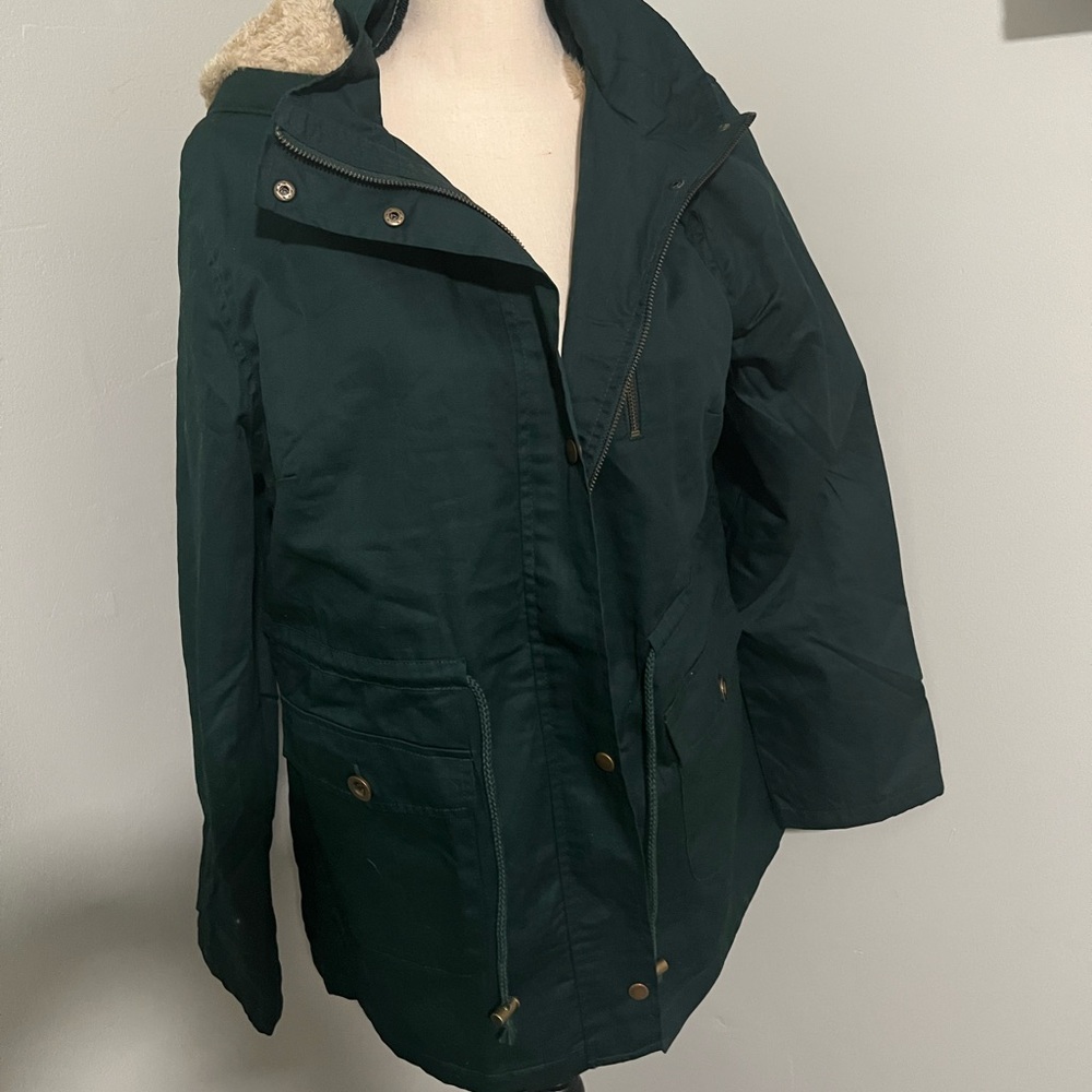 Dark Green Hooded Jacket with Faux Fur Lining NWOT